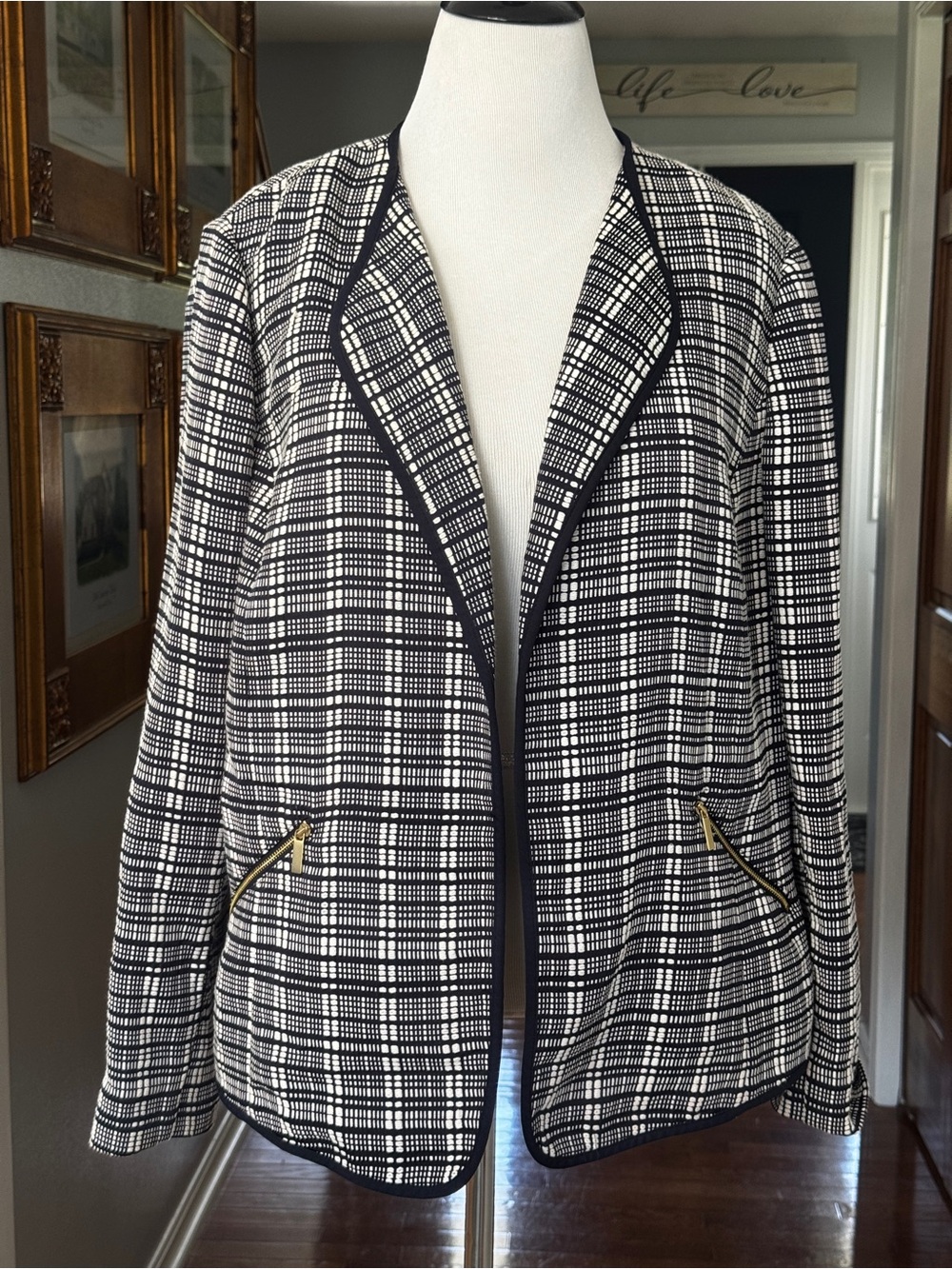 Jones New York‎ Collection Black Plaid Textured Softshell Open Blazer Size 16W